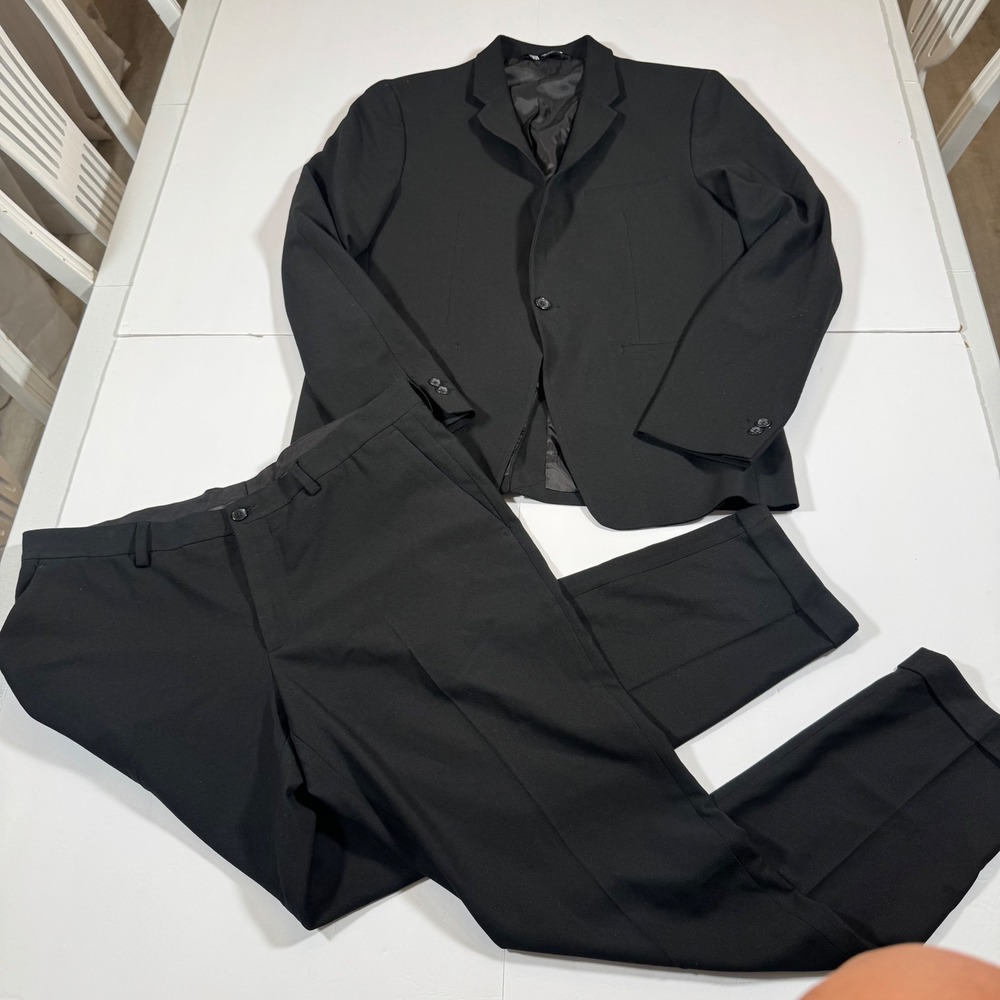Zara Man Black Textured Two Piece Suit Blazer 44 Trousers 34 Slim Fit Formal